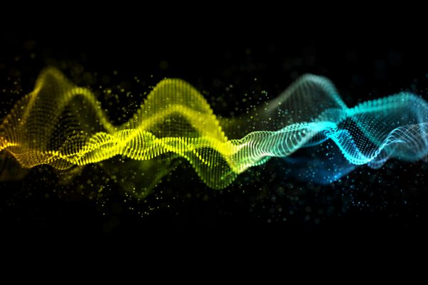 3D render of an abstract sound waves design with flowing particles